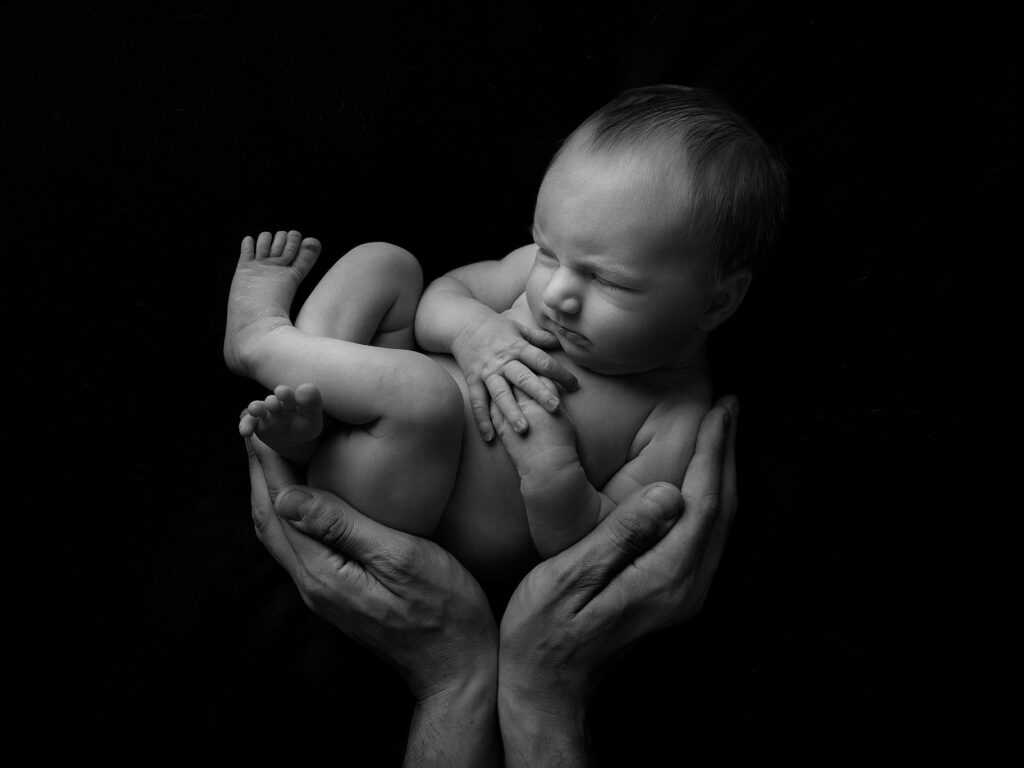 Baby i pappans händer foto av Fotograf Anna Arvidsson i studion i Malmö.